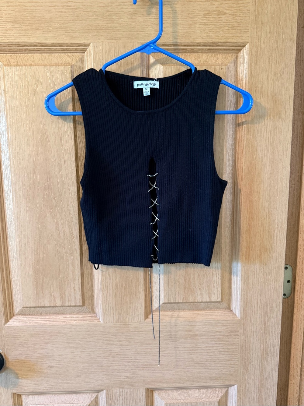 Pretty Garbage Black Ribbed Lace-Up Crop Tank